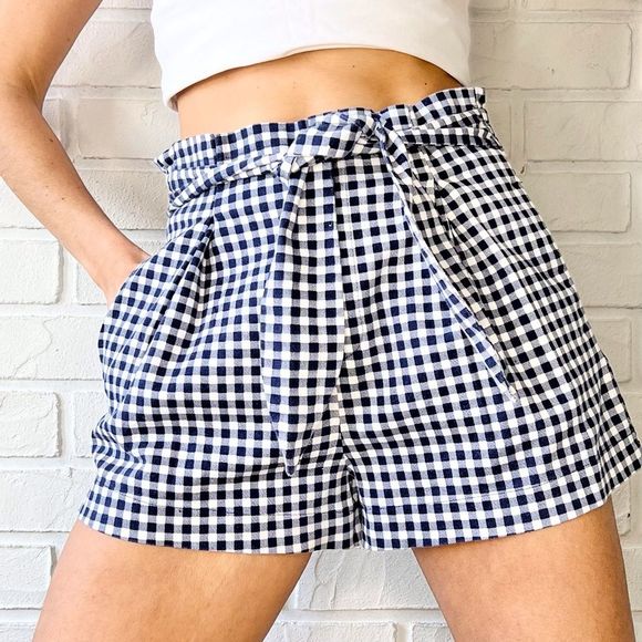 Zara Pants - SOLD ZARA blue white gingham high waist tie front shorts M